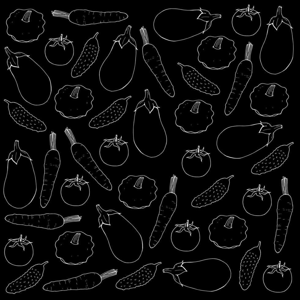 Seamless pattern with white vegetables on black background. Endless background for your design. Cucumber, tomato, carrot, eggplant, bush pumpkin. Vector image.