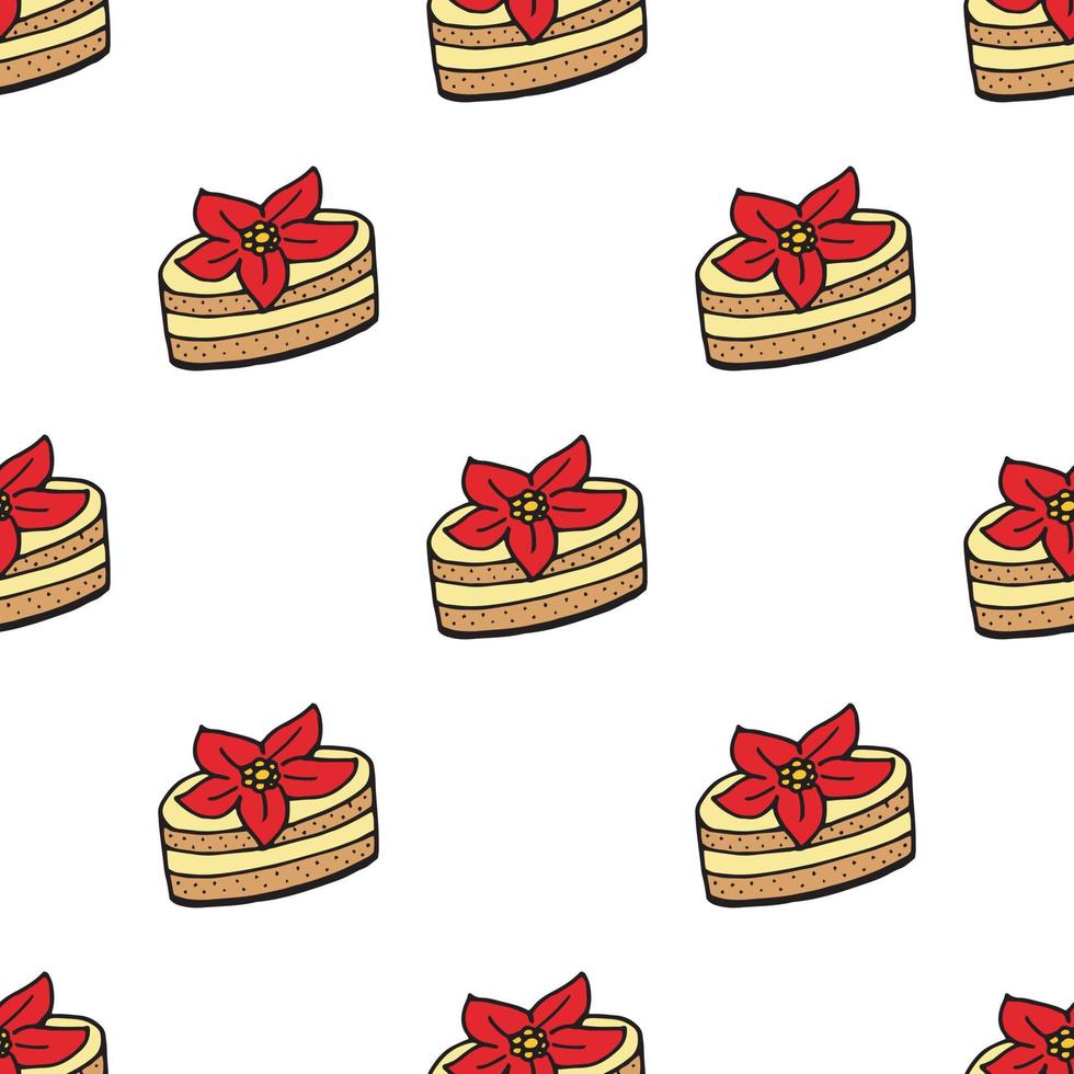 Seamless background with cakes with cream flowers. Endless pattern on white background. Vector image. Sweet food.