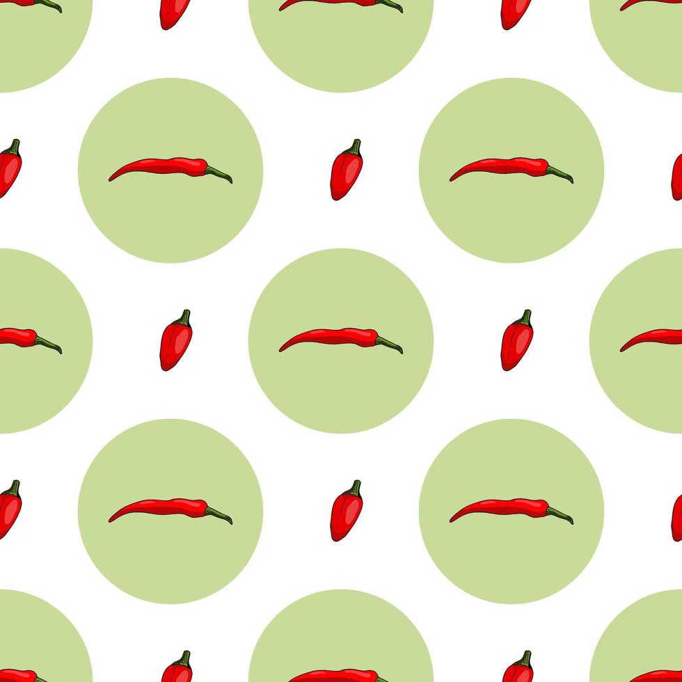Seamless pattern with stylish red hot chili peppers and green circles for fabric, textile, clothes, tablecloth and other things. Vector image.