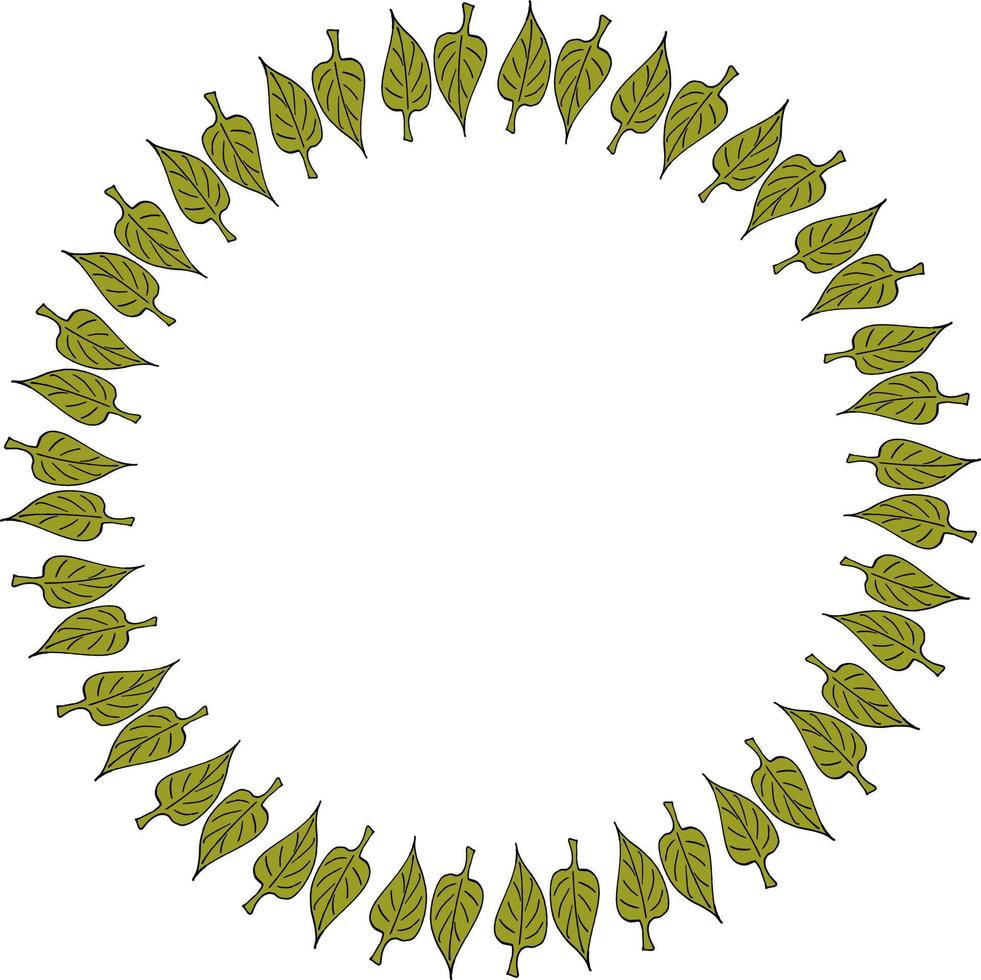 Round frame with green doodle leaves on white background. Vector image.