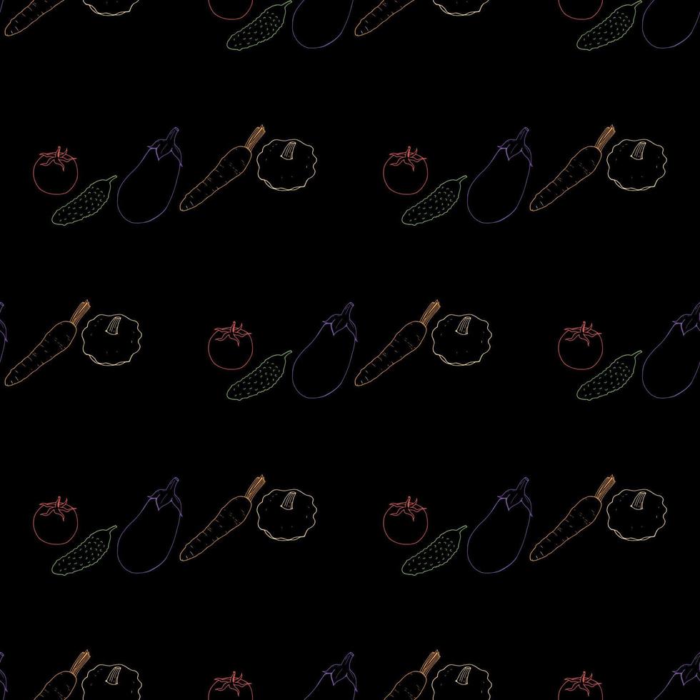 Seamless pattern with colored cucumber, tomato, carrot, eggplant, bush pumpkin on black background. Endless background for your design. Vector image.