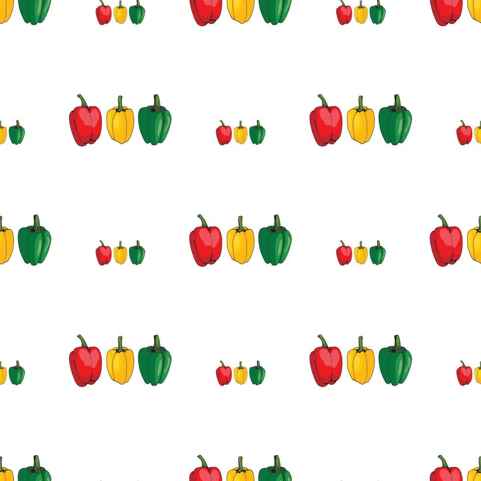 Seamless pattern of red, yellow and green peppers on white background. Endless background for your design. vector