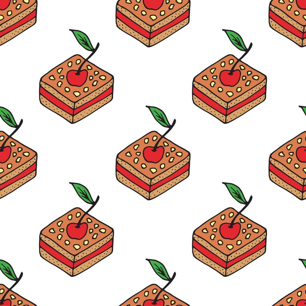 Seamless background with cherry cakes. Endless pattern on white background. Vector image. Sweet food.