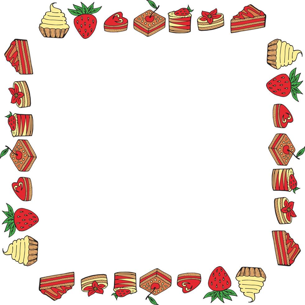 Square frame with colored cakes. Isolated cakes on white background for your design. vector