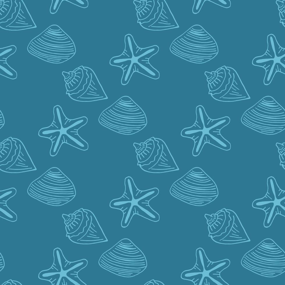 Seamless pattern with light blue sea shells and starfish on dark blue background. Vector image.