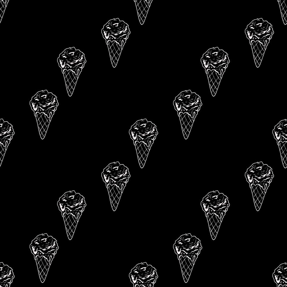 Seamless pattern with great cozy ice cream on black background. Vector image.