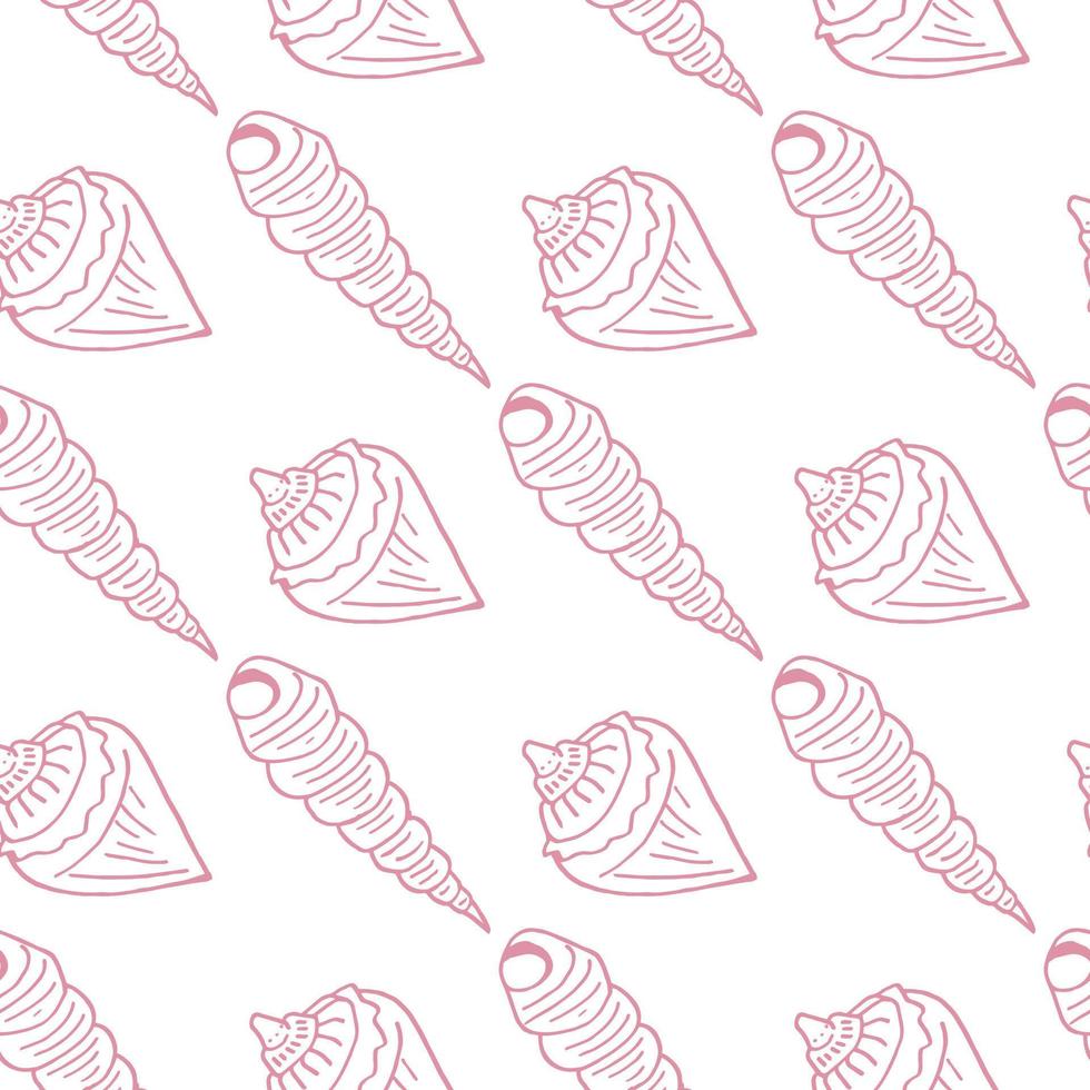 Seamless pattern with pink sea shells on white background. Vector image.