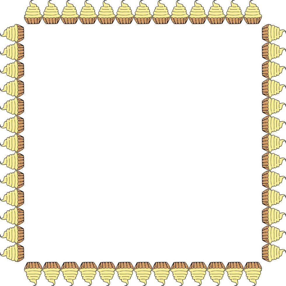 Square frame with cakes baskets with yellow cream. Isolated frame on white background. Vector image. Sweet food.