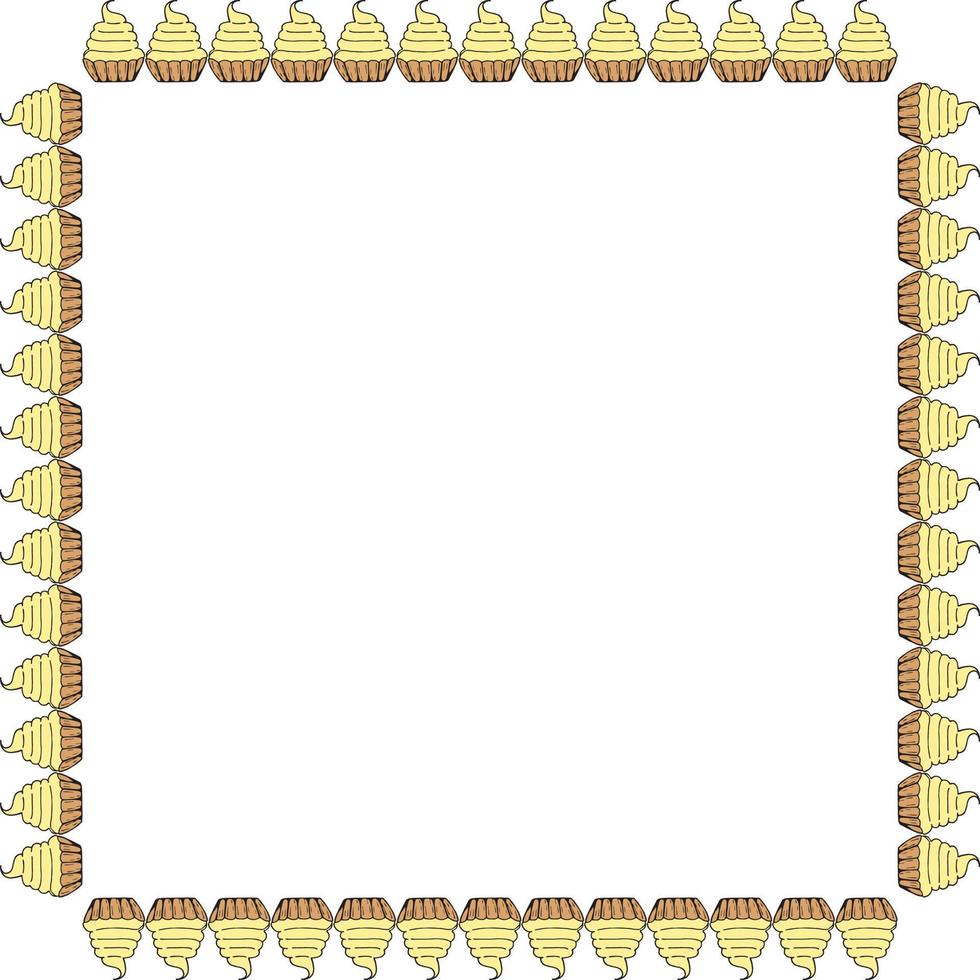 Square frame with cakes baskets with yellow cream. Isolated frame on white background. Vector image. Sweet food.