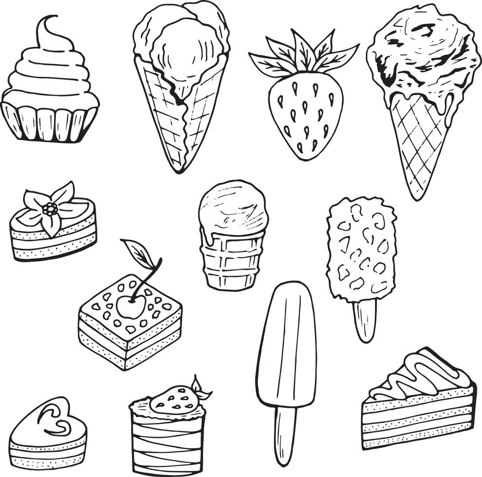 A set of black-and-white different cakes and ice cream.  Isolated food elements on white background for your design. vector