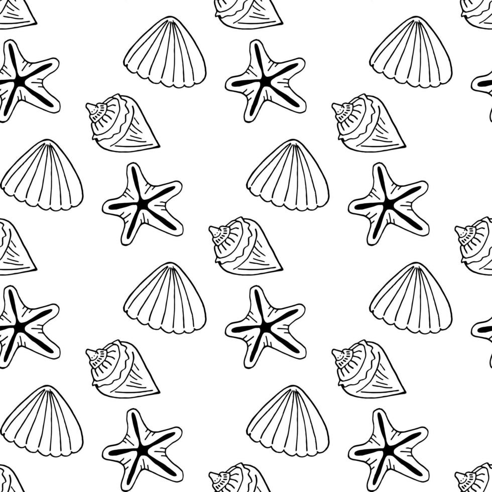 Seamless pattern with black-and-white sea shells and starfish on white background. Vector image.