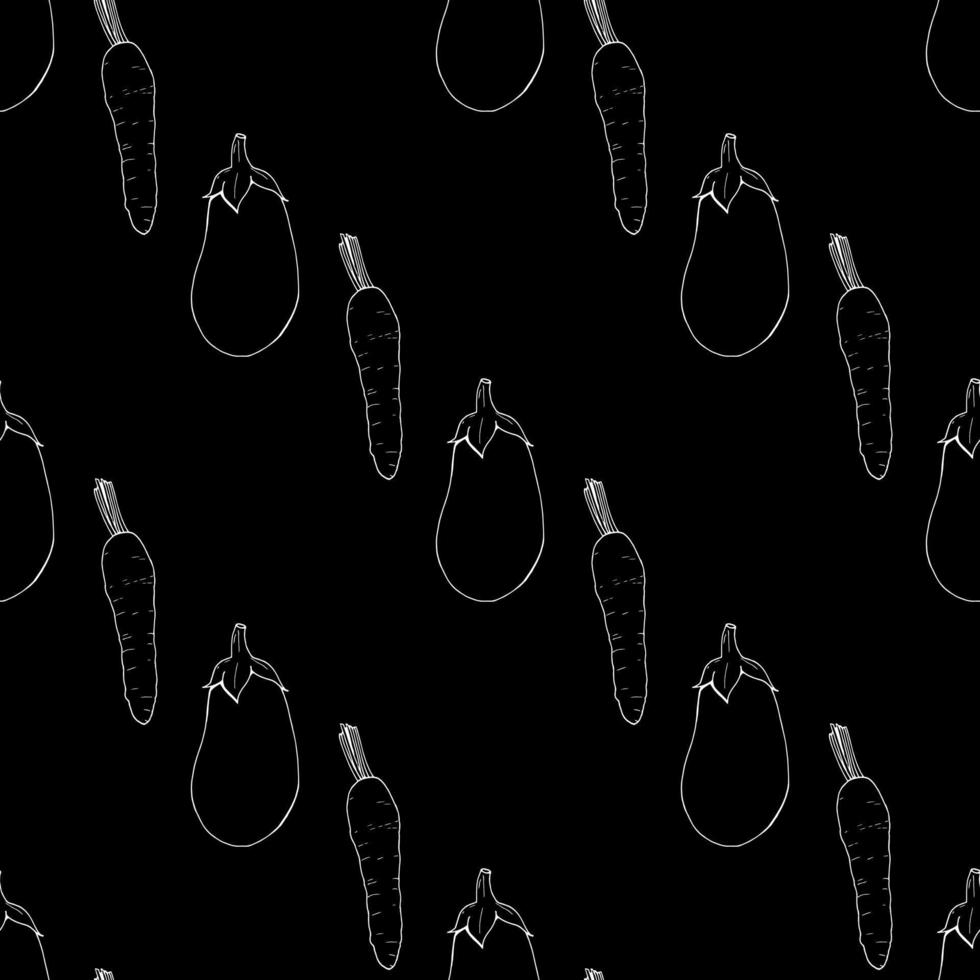 Seamless pattern with great carrots and eggplants on black background. Vector image.