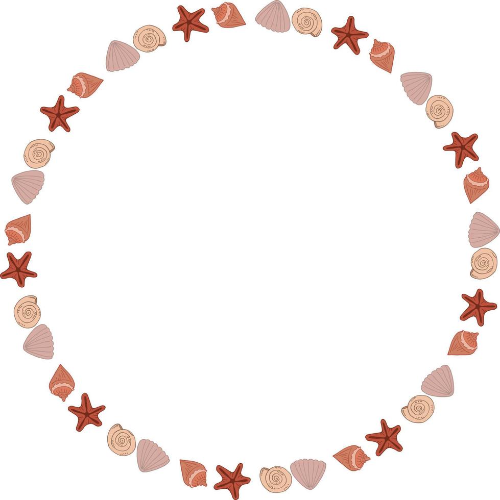 Round frame with creative sea shells on white background. Vector image.