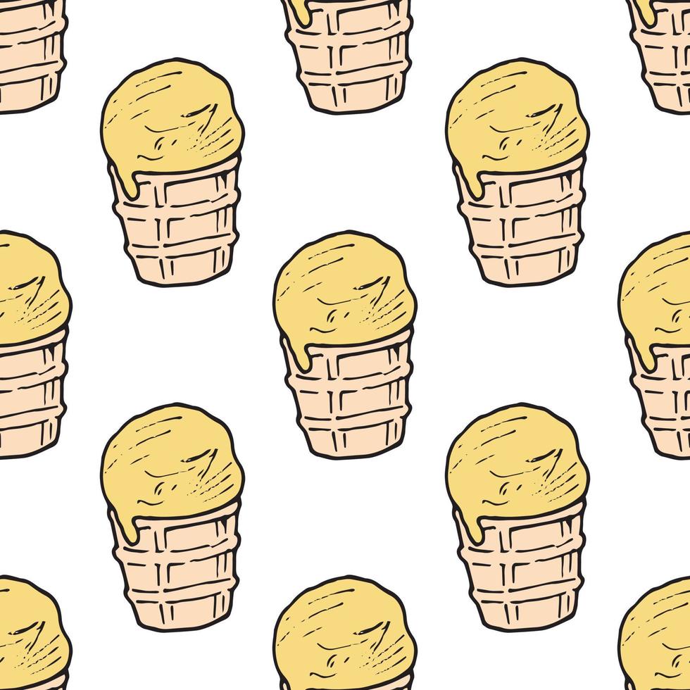 Seamless background with banana ice cream in a waffle cup. Endless pattern on white background. Vector image. Sweet food.