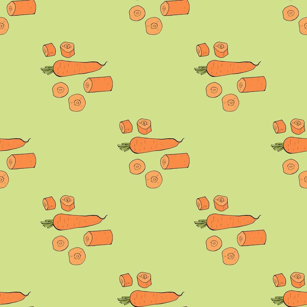 Seamless pattern with carrot and carrot slices on light green background. Endless background of vegetables for your design. Vector image.