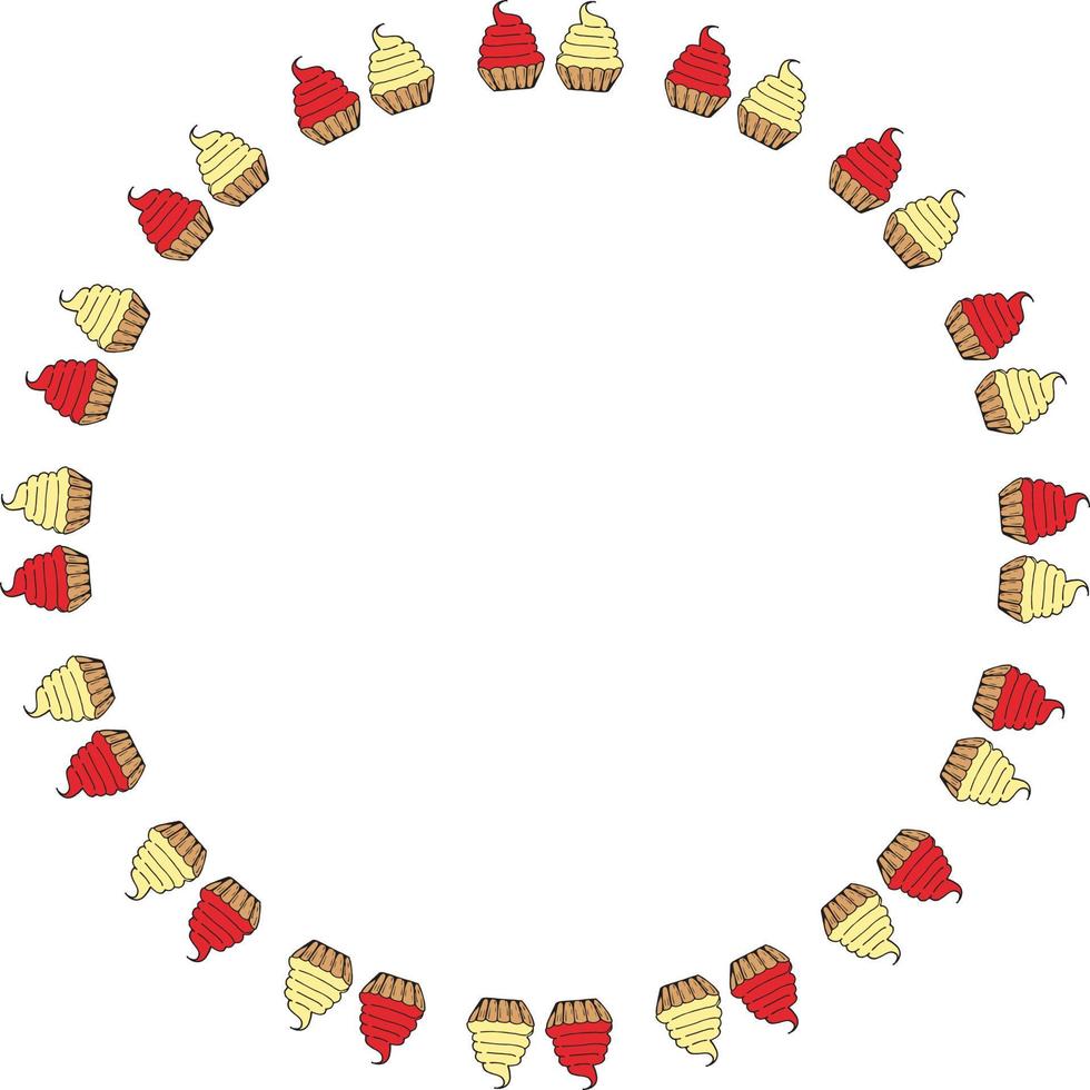 Round frame with cakes baskets with red and yellow cream. Isolated frame on white background. Vector image. Sweet food.