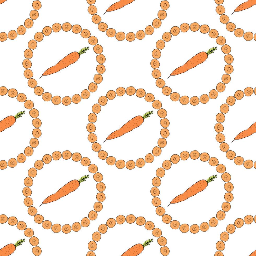 Seamless pattern with carrots and carrot slices on white background for fabric, textile, clothes, tablecloth and other things. Vector image.