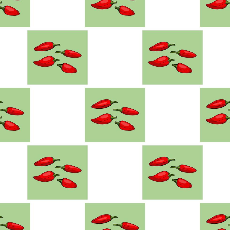 Seamless pattern with stylish red hot peppers on green squares for fabric, textile, clothes, tablecloth and other things. Vector image.