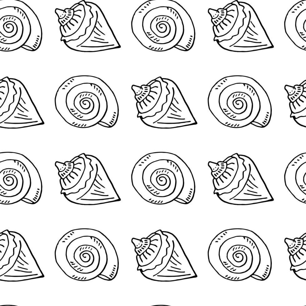 Seamless pattern with black-and-white sea shells on white background. Vector image.