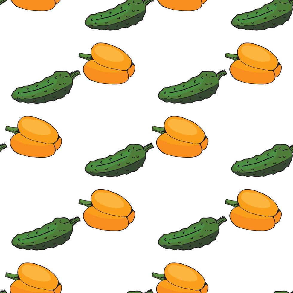 Seamless pattern of orange pepper and green cucumber on white background. Endless background for your design. vector