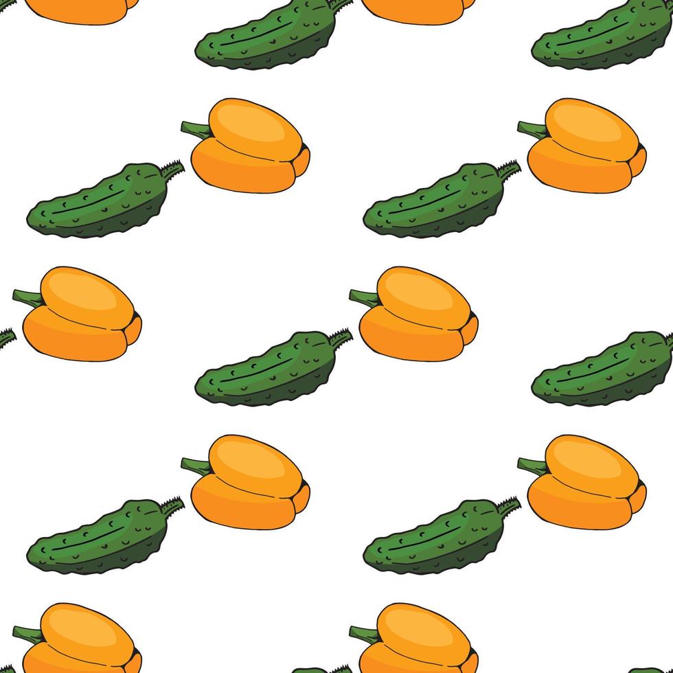 Seamless pattern of orange pepper and green cucumber on white background. Endless background for your design. vector