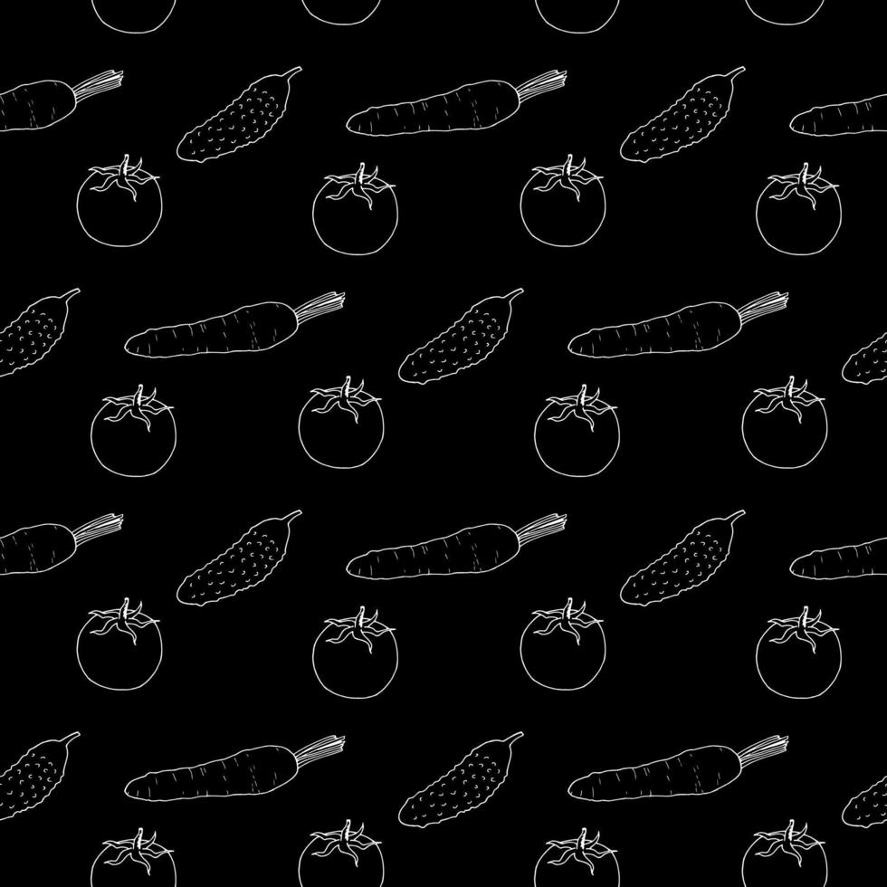 Seamless pattern with great carrots, cucumbers and tomato on black background. Vector image.