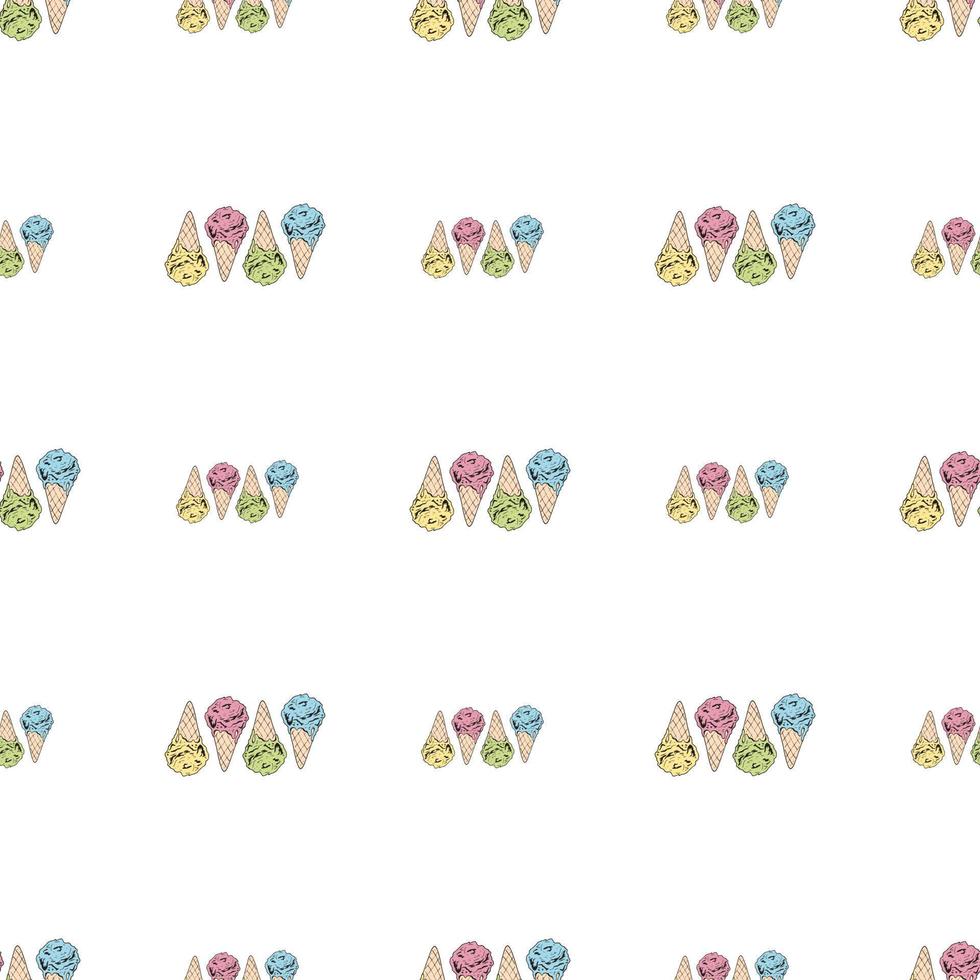 Seamless background with yellow, pink, green and blue ice cream cones. Endless pattern with colorful ice cream for your design. vector