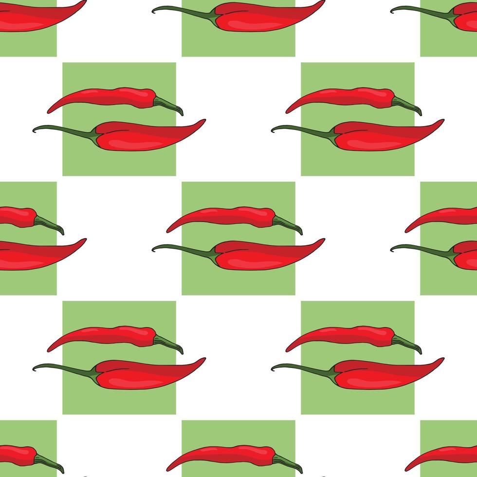 Seamless pattern of red hot chili peppers and green squares. Endless background for your design. Vector image.