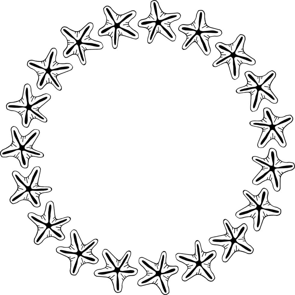 Round frame with starfish on white background. Vector image.