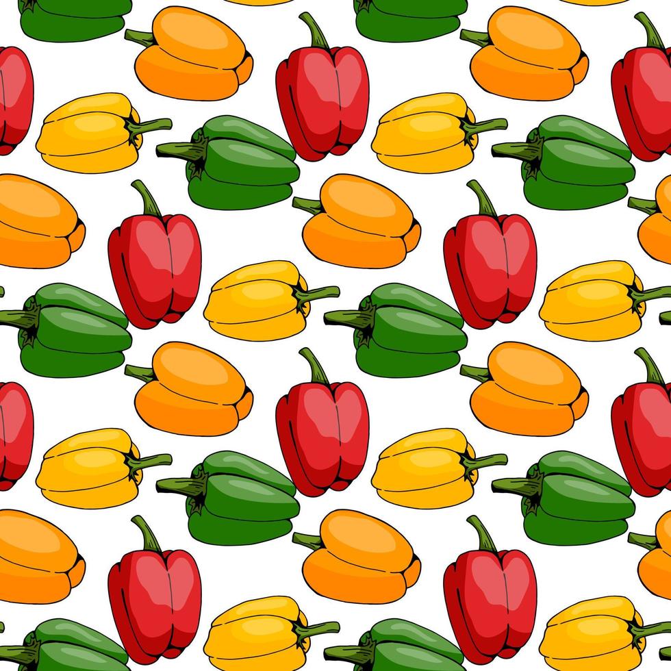 Seamless pattern with red, orange, yellow and green peppers on white background. Endless background of vegetables for your design. Vector image.