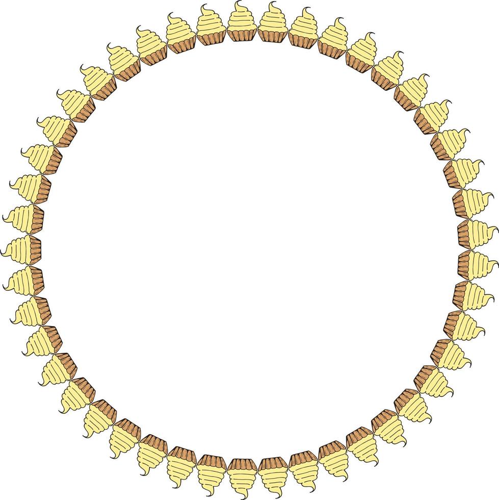 Round frame with cakes baskets with yellow cream. Isolated frame on white background. Vector image. Sweet food.