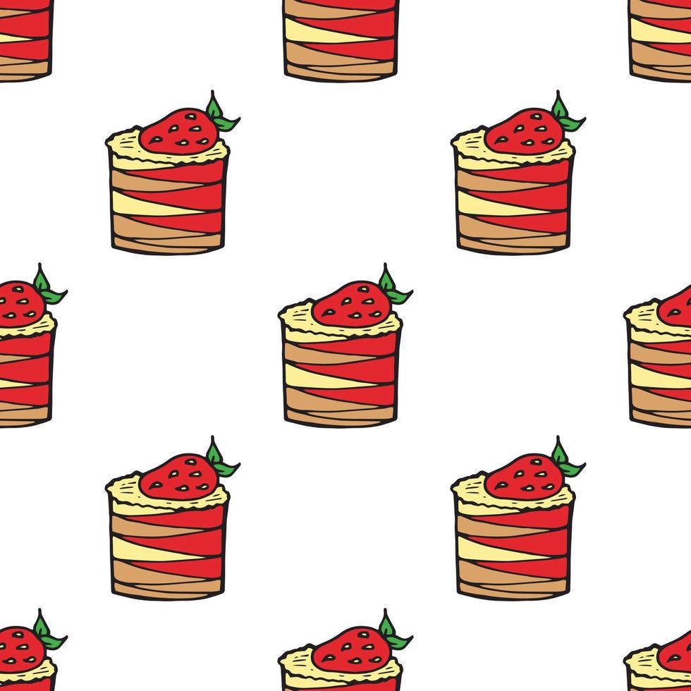 Seamless background with cakes with strawberries and lemon and strawberry cream. Endless pattern on white background. Vector image. Sweet food.