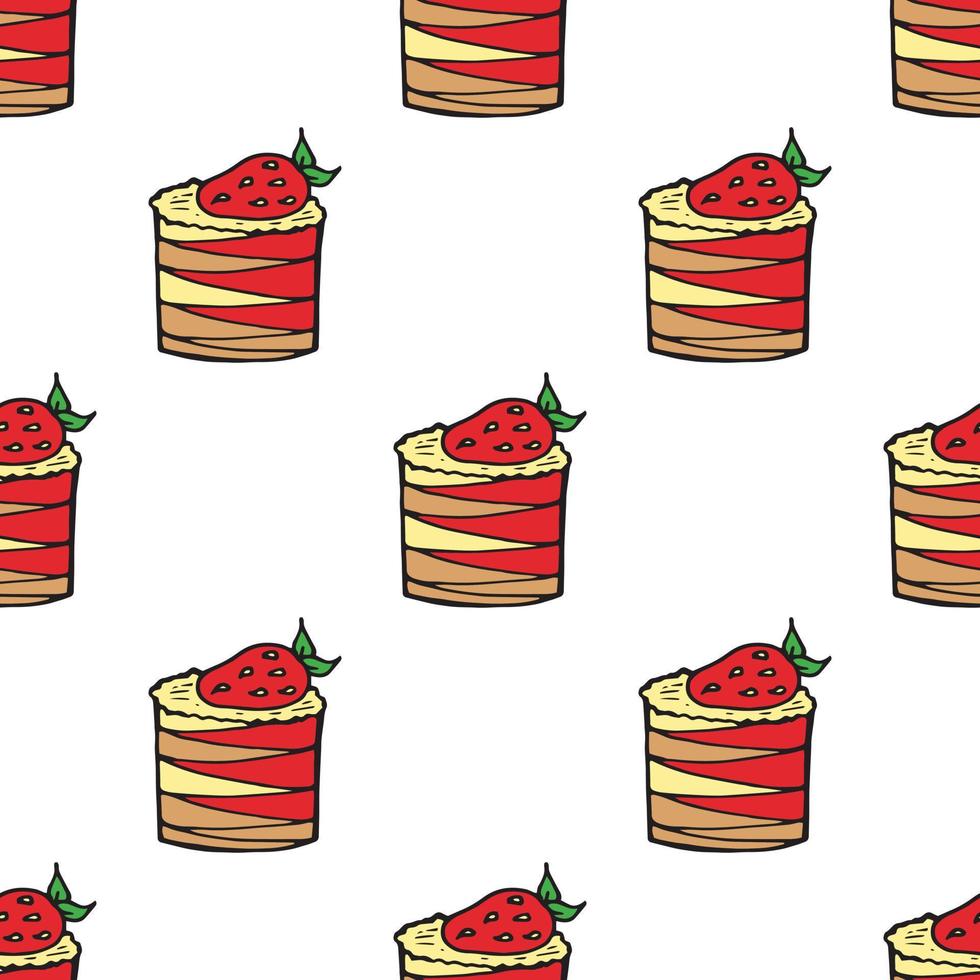 Seamless background with cakes with strawberries and lemon and strawberry cream. Endless pattern on white background. Vector image. Sweet food.