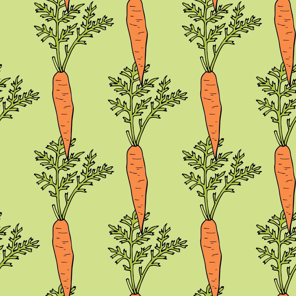 Seamless pattern with creative orange carrots on light green background for fabric, textile, clothes, tablecloth and other things. Vector image.