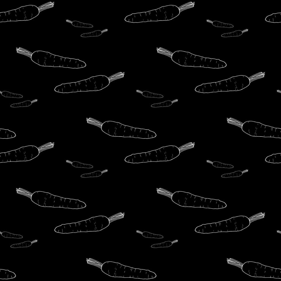 Seamless pattern with great little and big carrots  on black background. Vector image.