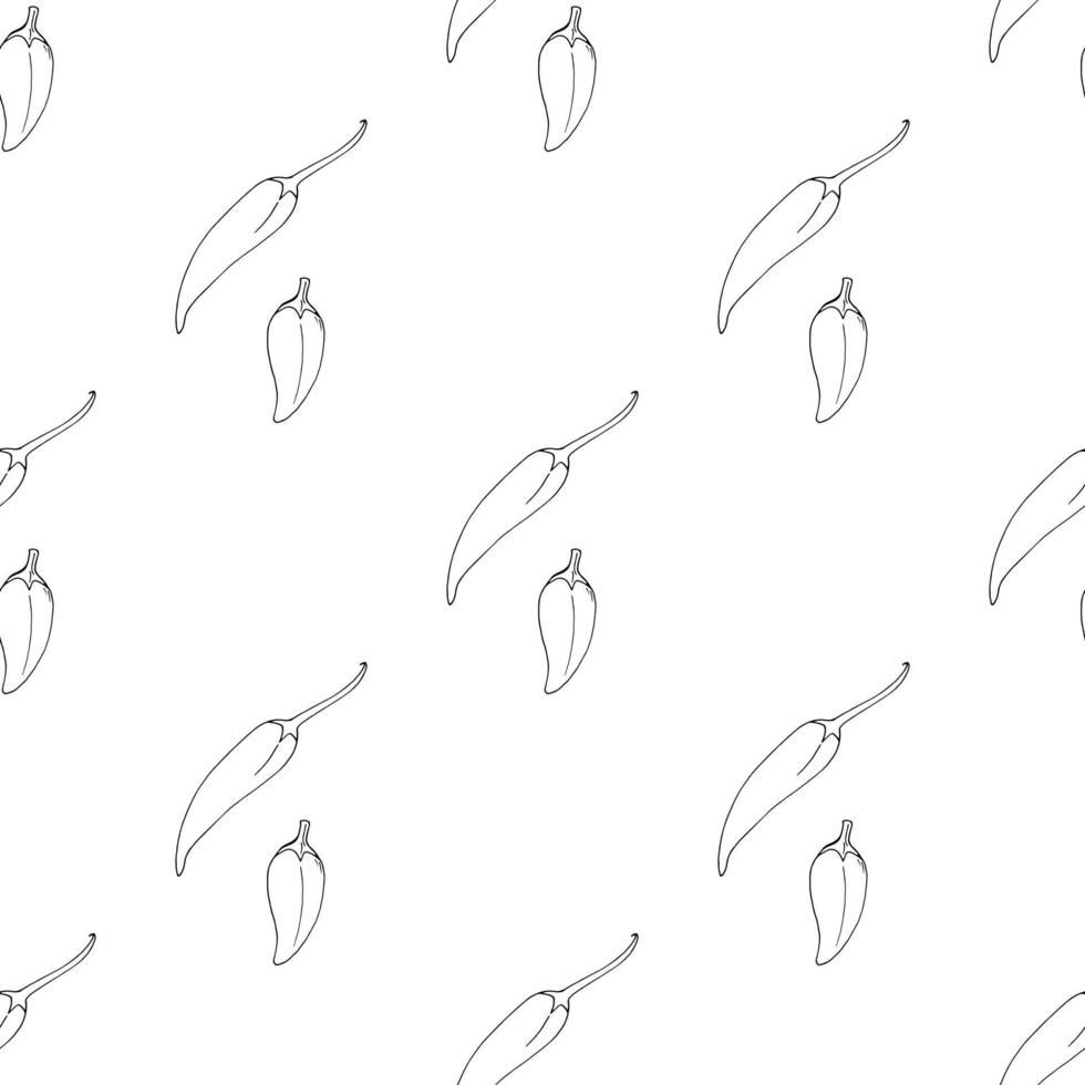 Seamless pattern with black-and-white hot peppers on white background for fabric, textile, clothes, tablecloth and other things. Vector image.
