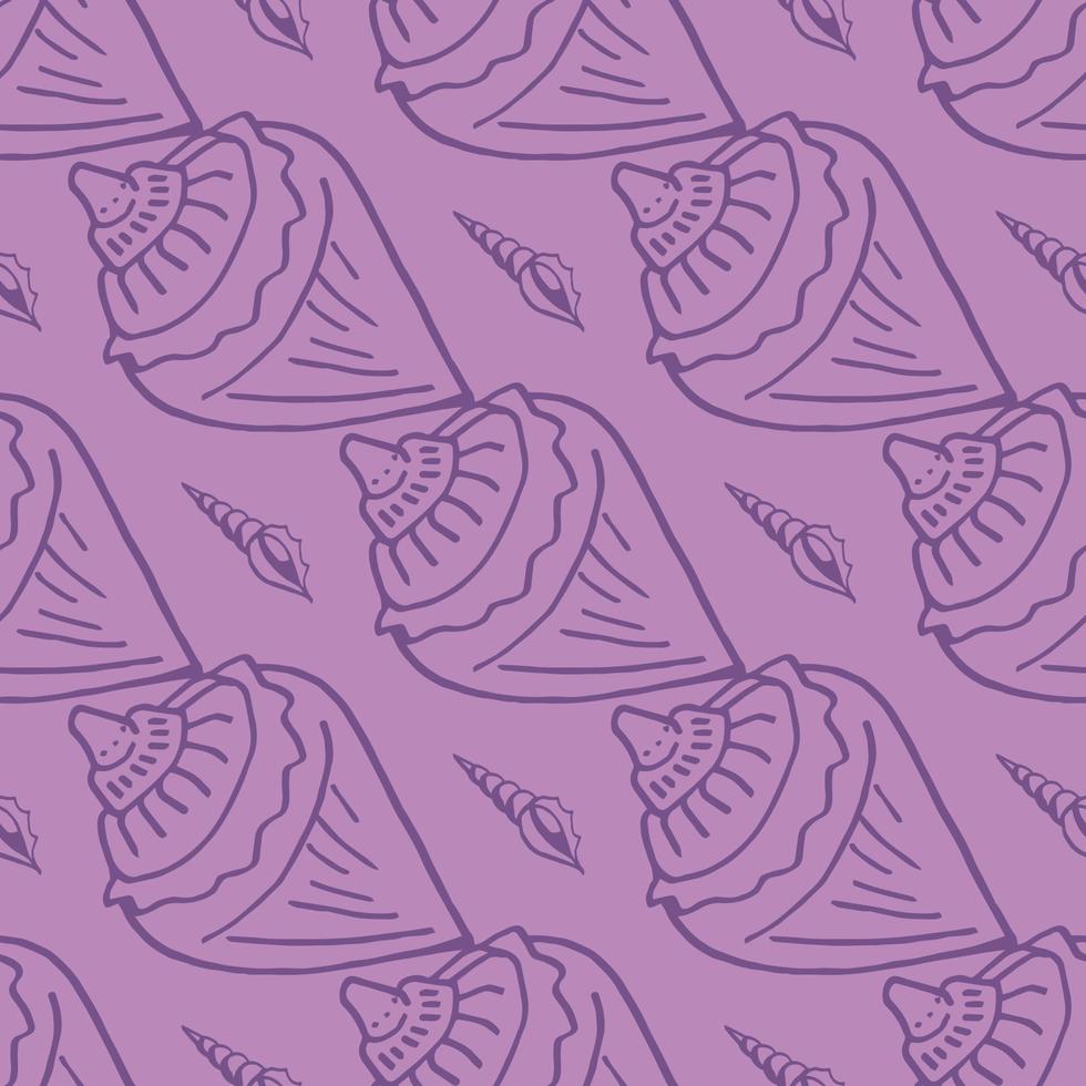 Seamless pattern with violet sea shells on light lilac background. Vector image.