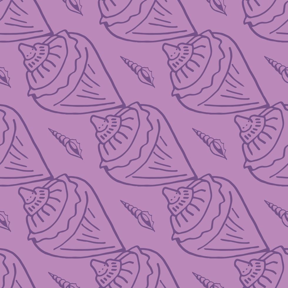 Seamless pattern with violet sea shells on light lilac background. Vector image.