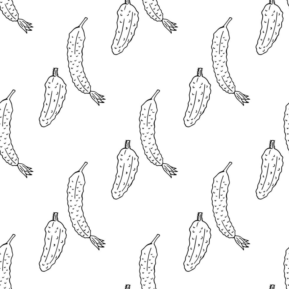 Seamless pattern with cozy black-and-white cucumbers on white background for fabric, textile, clothes, tablecloth and other things. Vector image.