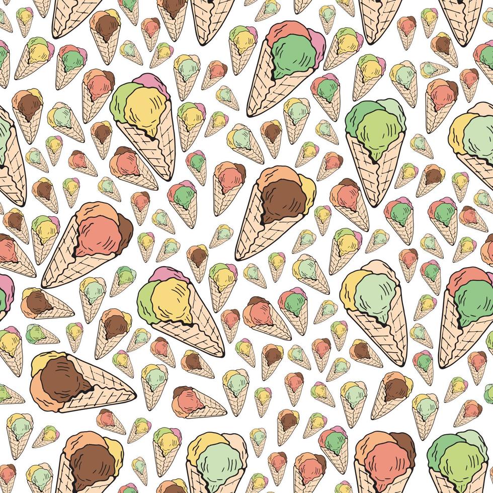 Seamless background of multicolored ice cream cones. Endless pattern with colorful ice cream for your design. vector