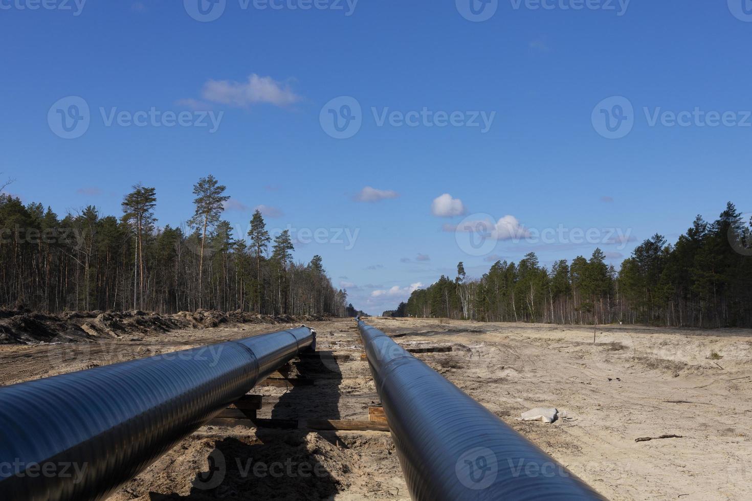 Crude oil and Natural gas pipeline construction work in forest area. Petrochemical Pipe on top of wooden supports. Installation and Construction the Pipeline for transport gas to LNG plant photo