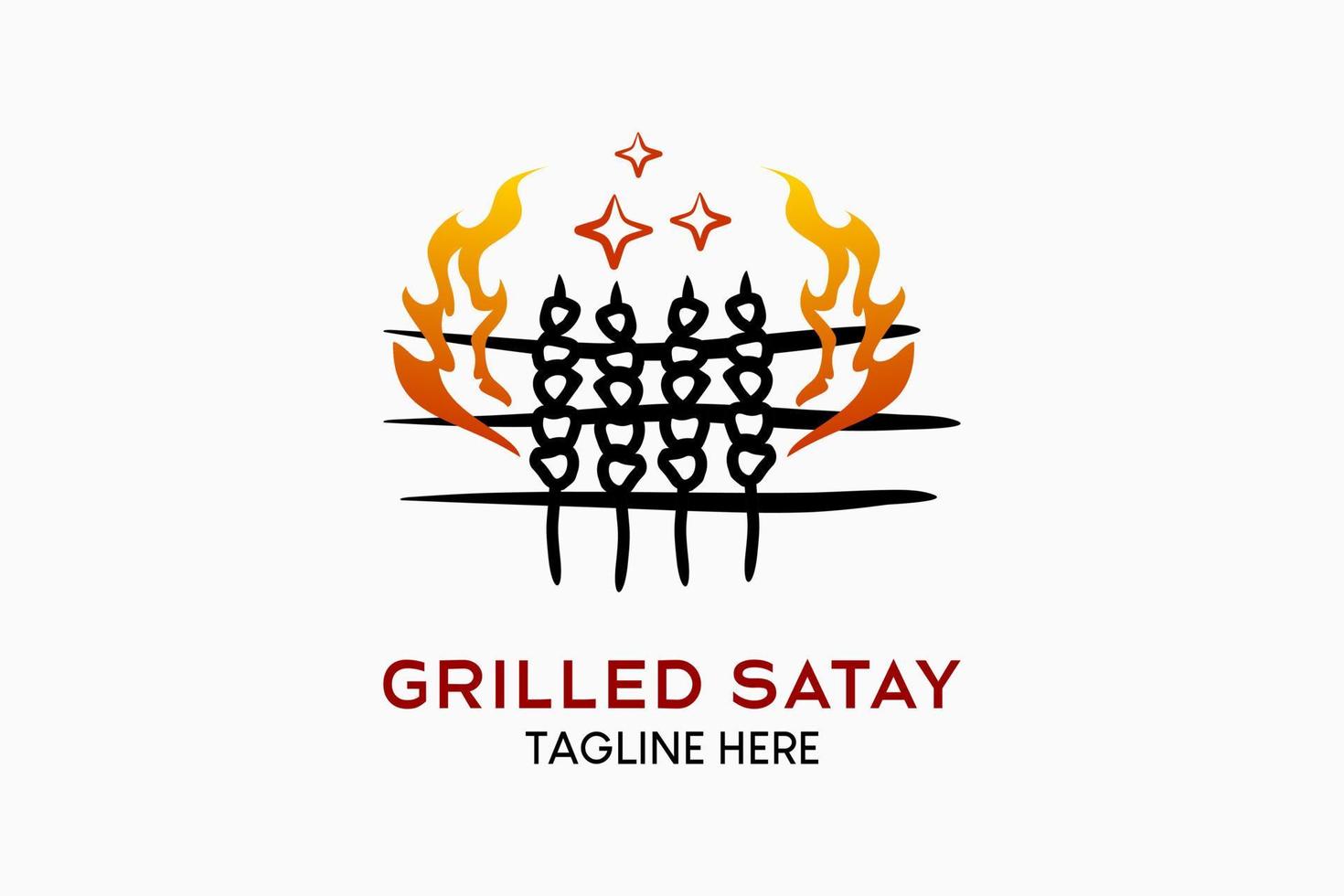 Grilled satay logo design with hand drawn creative concept. The satay icon blends with the fire icon. Grilled meat logo illustration vector