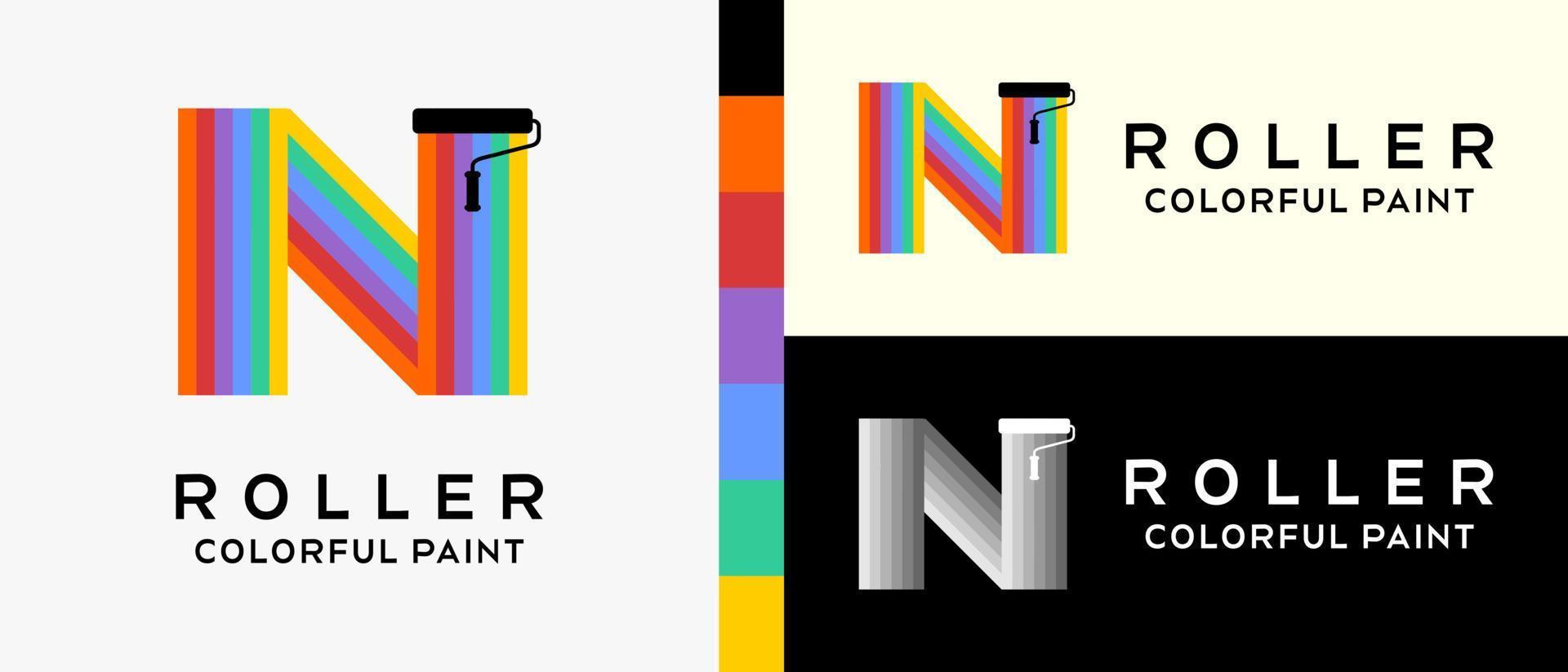 modern wall paint logo design template. roller brush silhouette with letter n concept in rainbow colors. premium vector