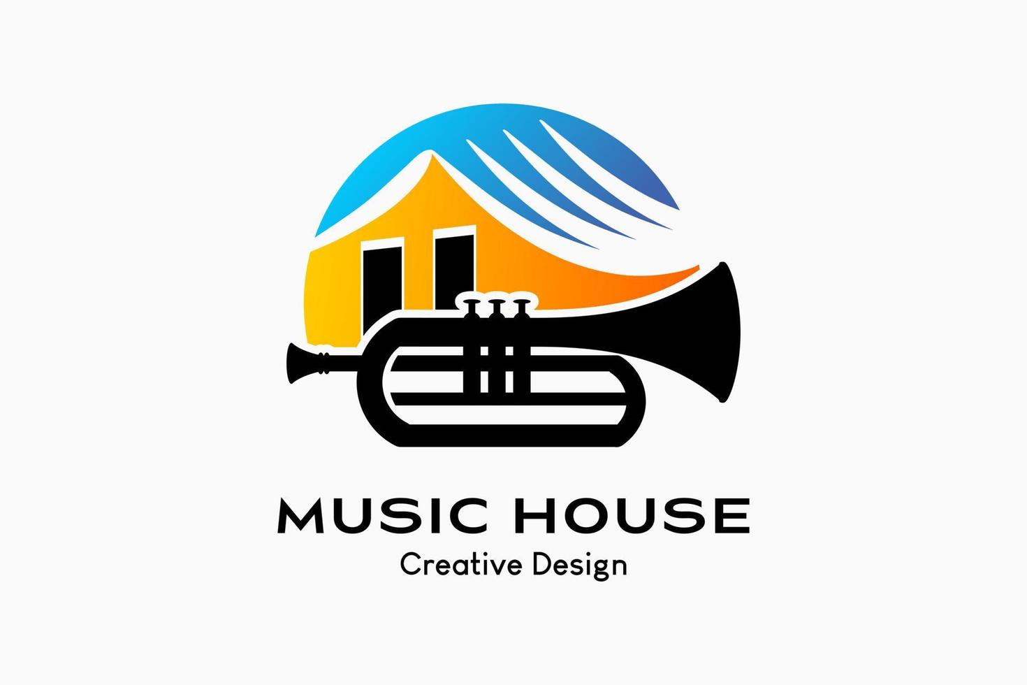 Trumpet house logo design with a creative concept, trumpet silhouette combined with colorful house icons. Vector premium