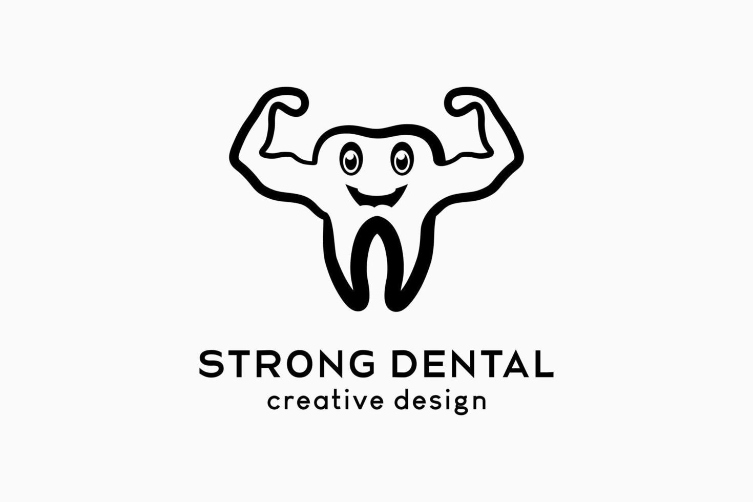 diseño de logotipo de cuidado dental con concepto dibujado a mano, icono de diente en línea con manos musculosas vector