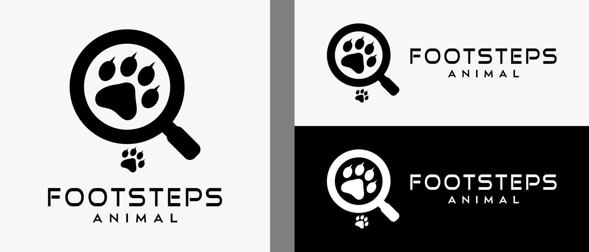 Animal footprints, lion, tiger or cat footprints logo design templates and magnifying glass icons with creative concepts. premium vector logo illustration