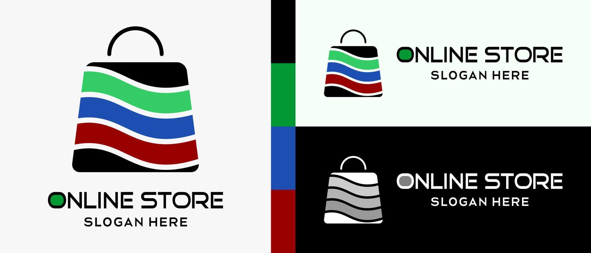 compras en línea o plantilla de diseño de logotipo de tienda en línea con concepto de elemento de bolsa de compras en arte de onda colorido. vector de ilustración de logotipo de tienda en línea premium