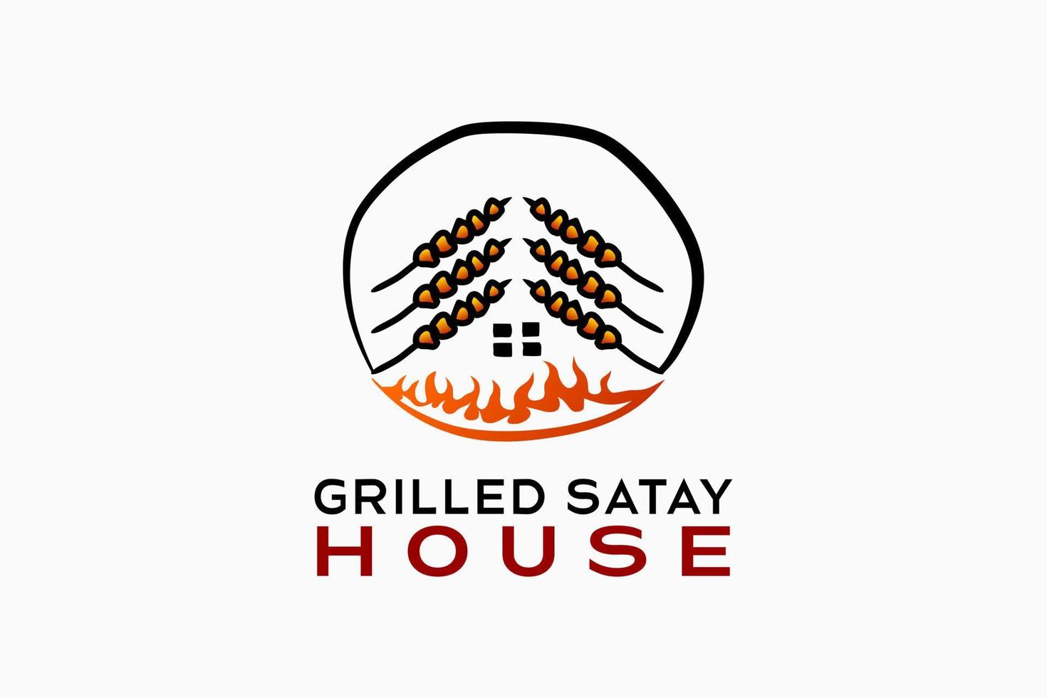 Grilled sate house logo design with a creative hand-drawn concept. The satay icon combines with the fire icon in the shape of a house in a circle. Logo illustration for grilled meat restaurant vector