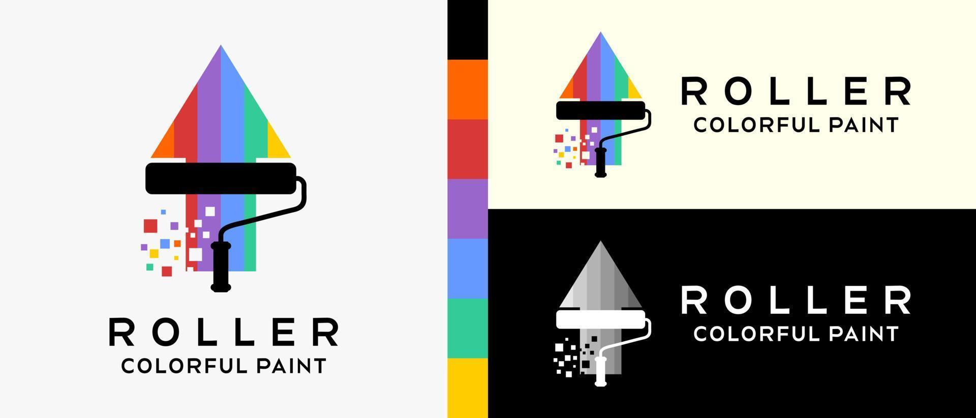 plantilla de diseño de logotipo de pintura de pared moderna. silueta de un cepillo de rodillos con flechas en el concepto creativo de colores del arco iris. vector premium