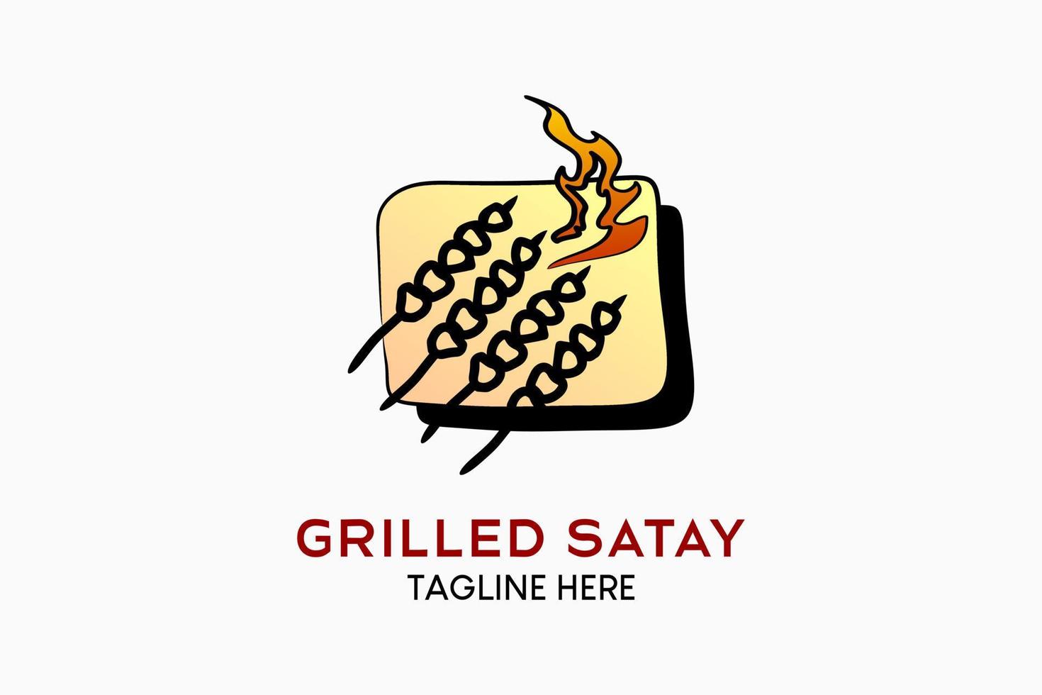 Grilled satay logo design with hand drawn creative concept. Satay icon with fire icon in a box. Grilled meat logo illustration vector